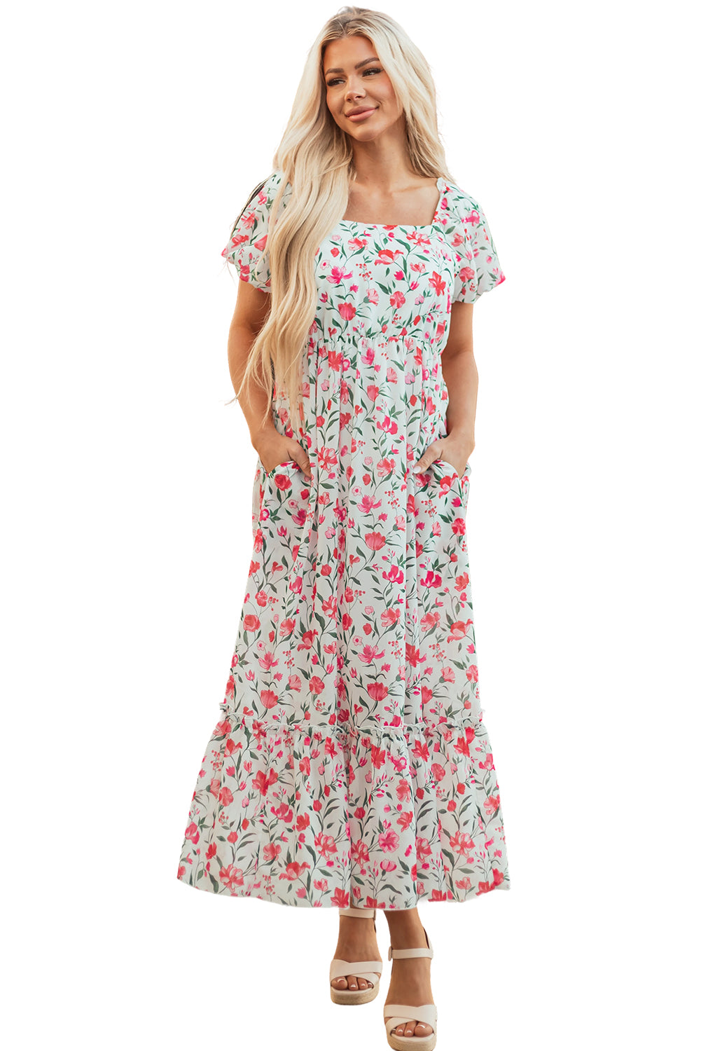 Pink Floral Puff Sleeve Square Neck Empire Waist Tiered Maxi Dress eAura