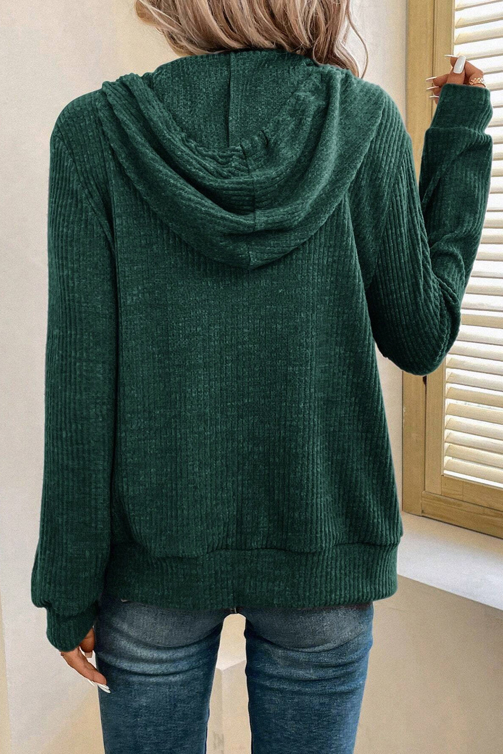 Evergreen Ribbed Zip Up Front Drawstring Hoodie eAura