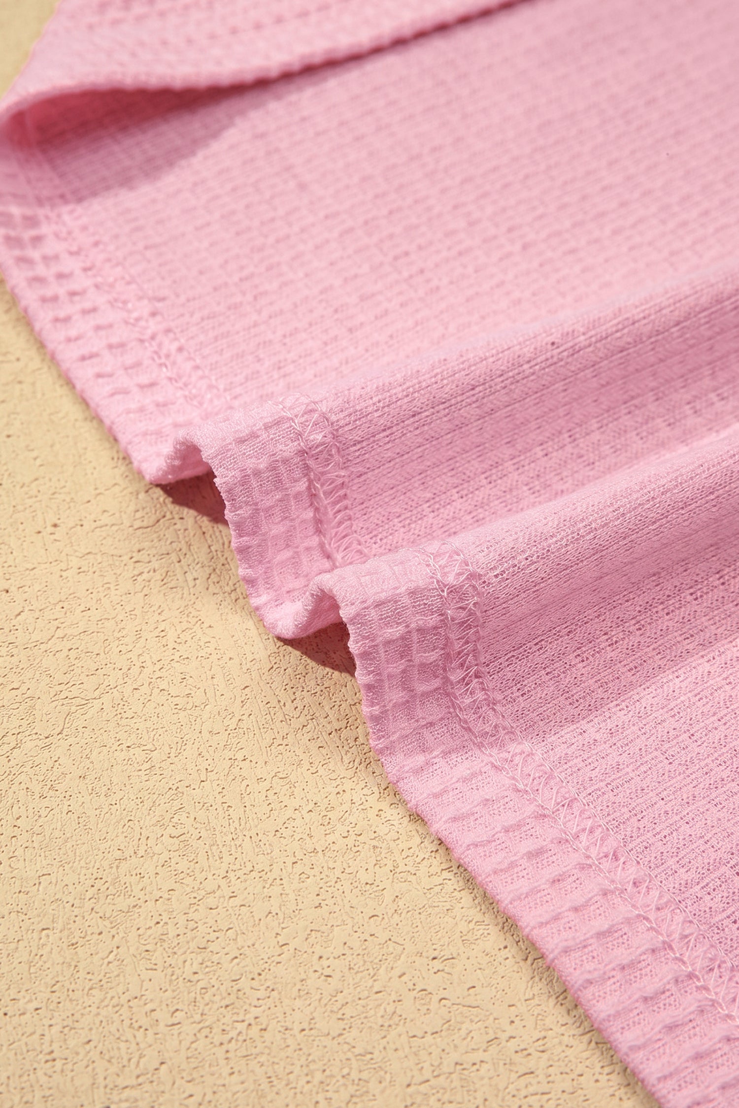 Pink Lace Splicing Button Cutout V Neck Waffle Knit Blouse