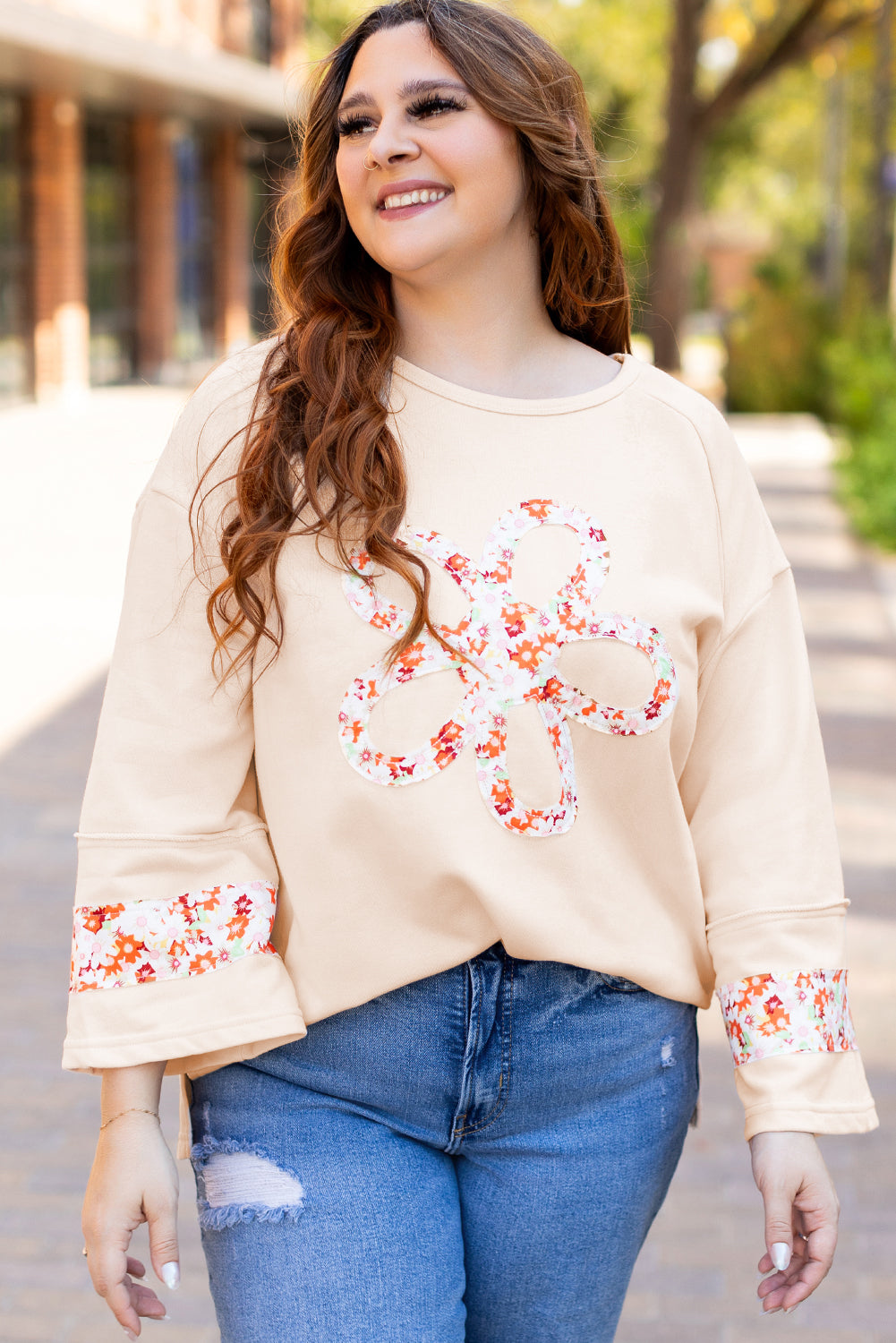 Beige Plus Size Flower Patched Side Slits Crewneck Top BB Fashion Outlet