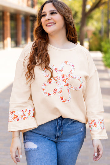 Beige Plus Size Flower Patched Side Slits Crewneck Top BB Fashion Outlet