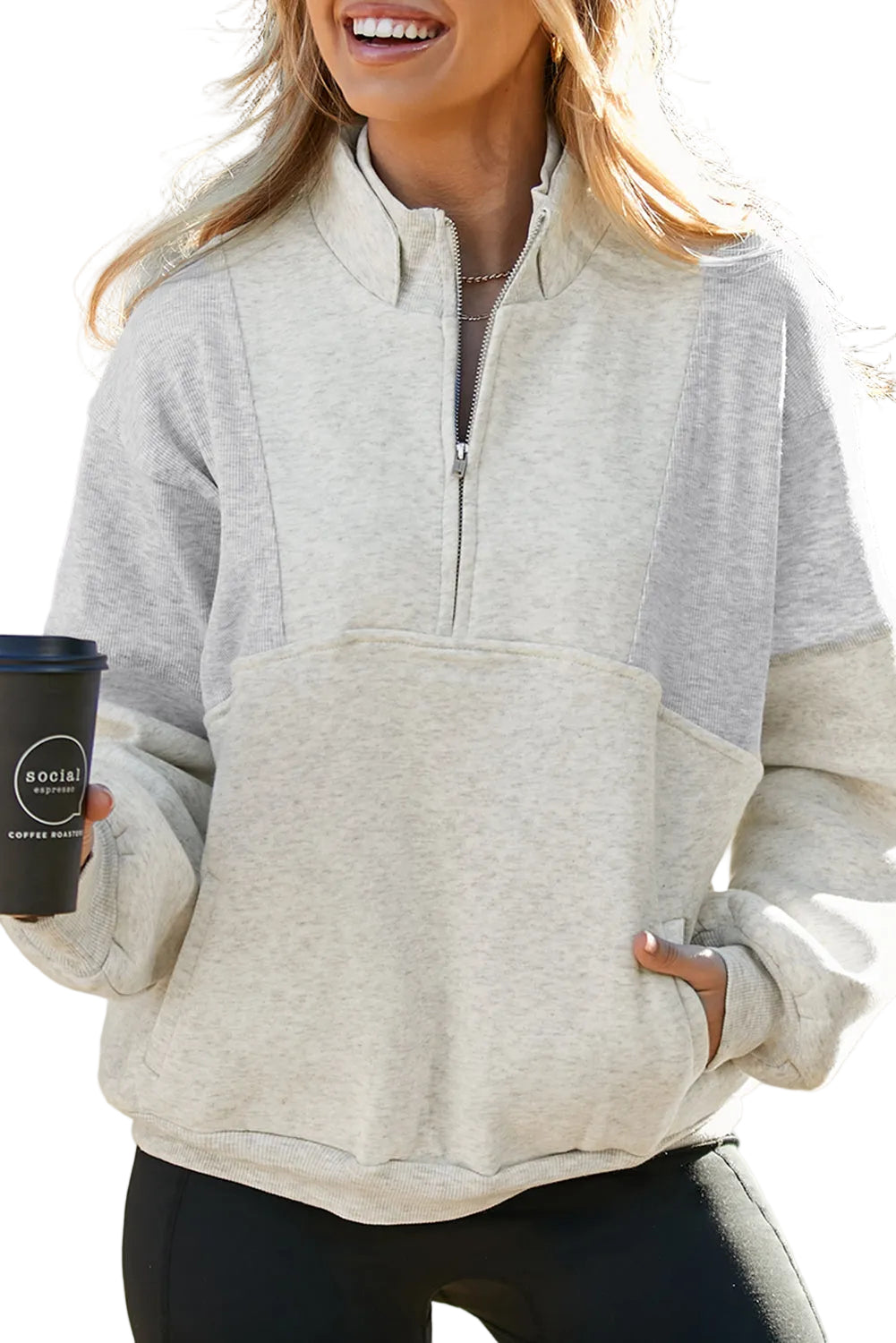 Half Zip Stand Collar Exposed Seam Sweatshirt - Grey / S - Tops/Sweatshirts & Hoodies