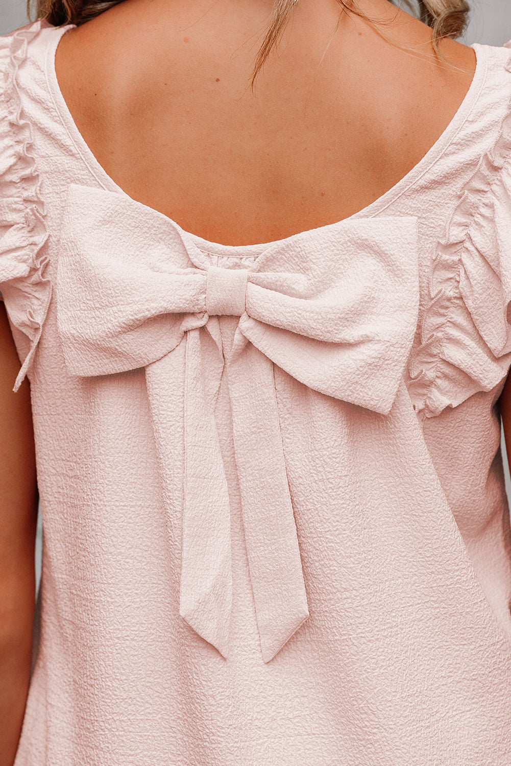 Light Pink Textured Flutter Sleeve Square Neck Bow Back Mini Dress eAura