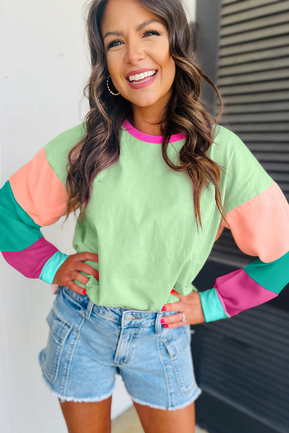 Dark Blue Colourblock Patchwork Long Sleeve Loose Top eAura
