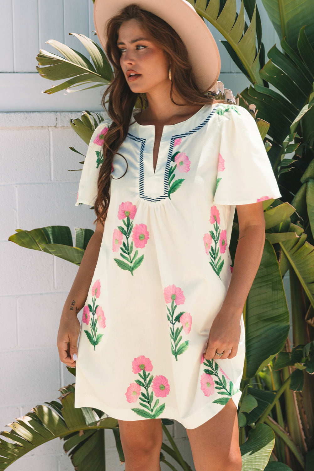 Floral Short Sleeve Split Neck Loose Mini Dress eAura