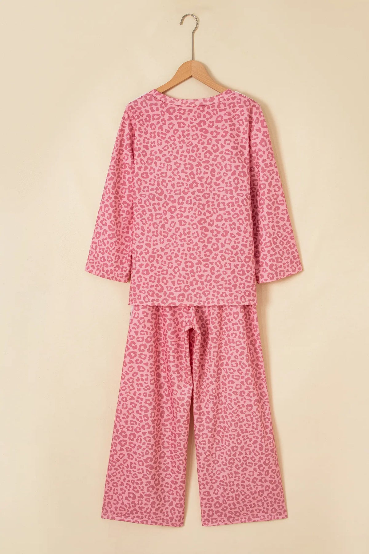 Leopard Print Varsity Striped Detail 3/4 Sleeve Top Shift Pant Set – Pink