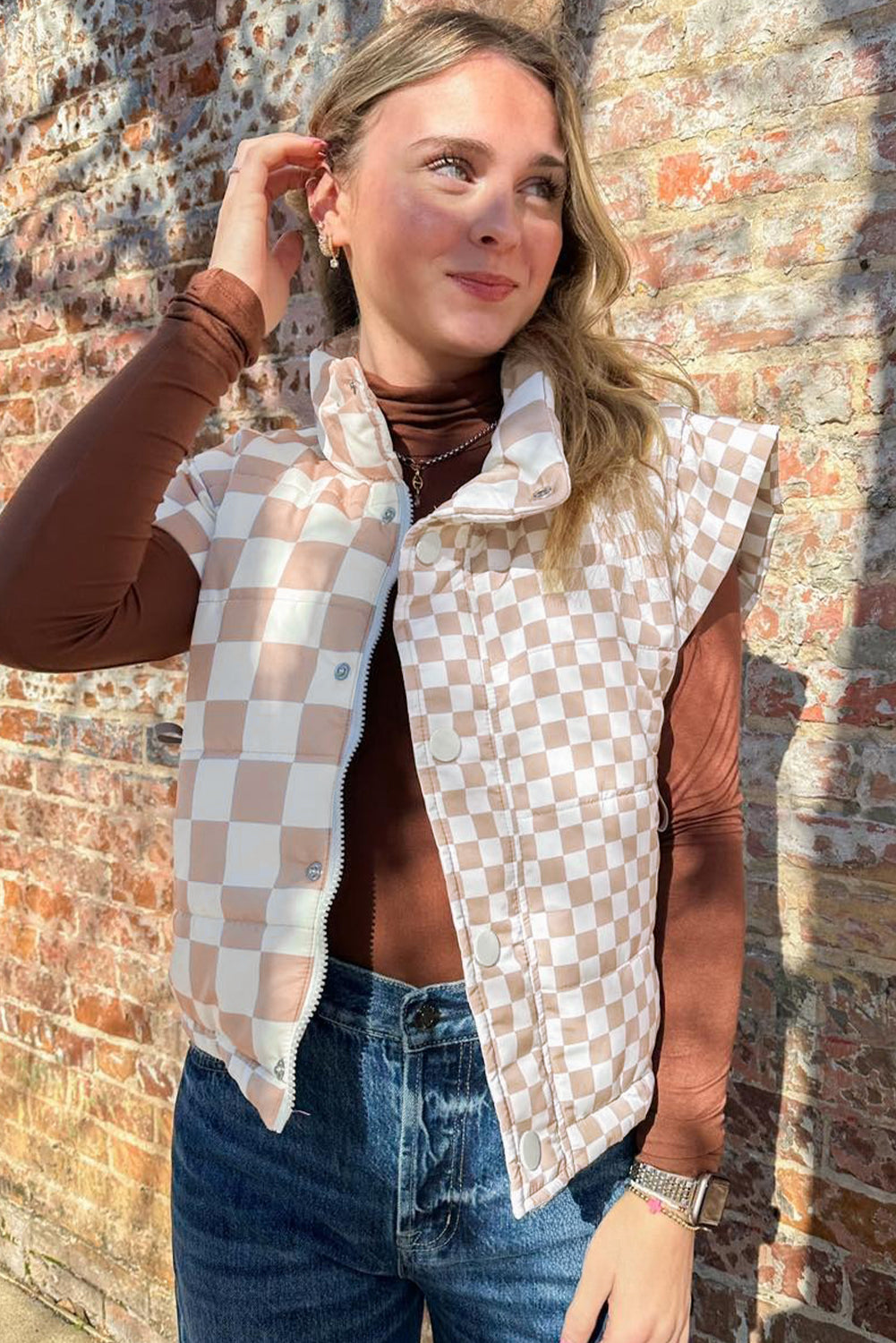 Contrast Plaid Quilted Button Zip-Up Vest - eAura