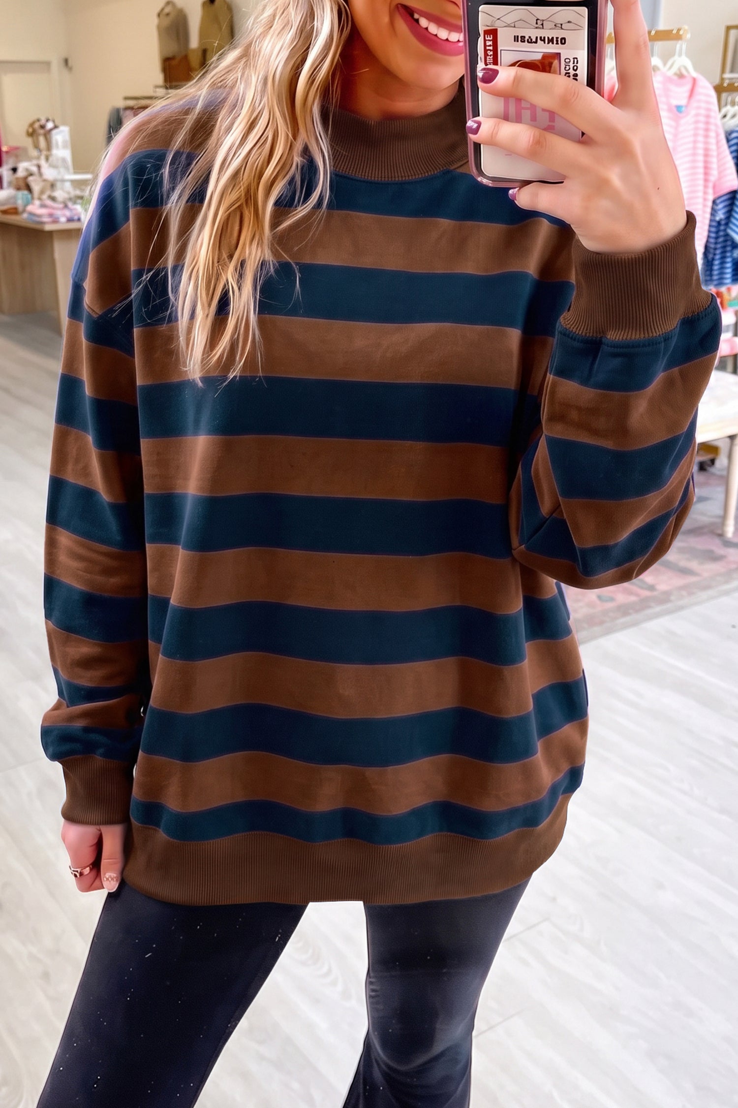 Colorblock Mock Neck Relaxed Sweatshirt – Brown Stripe