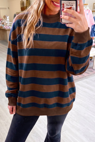 Colorblock Mock Neck Relaxed Sweatshirt – Brown Stripe