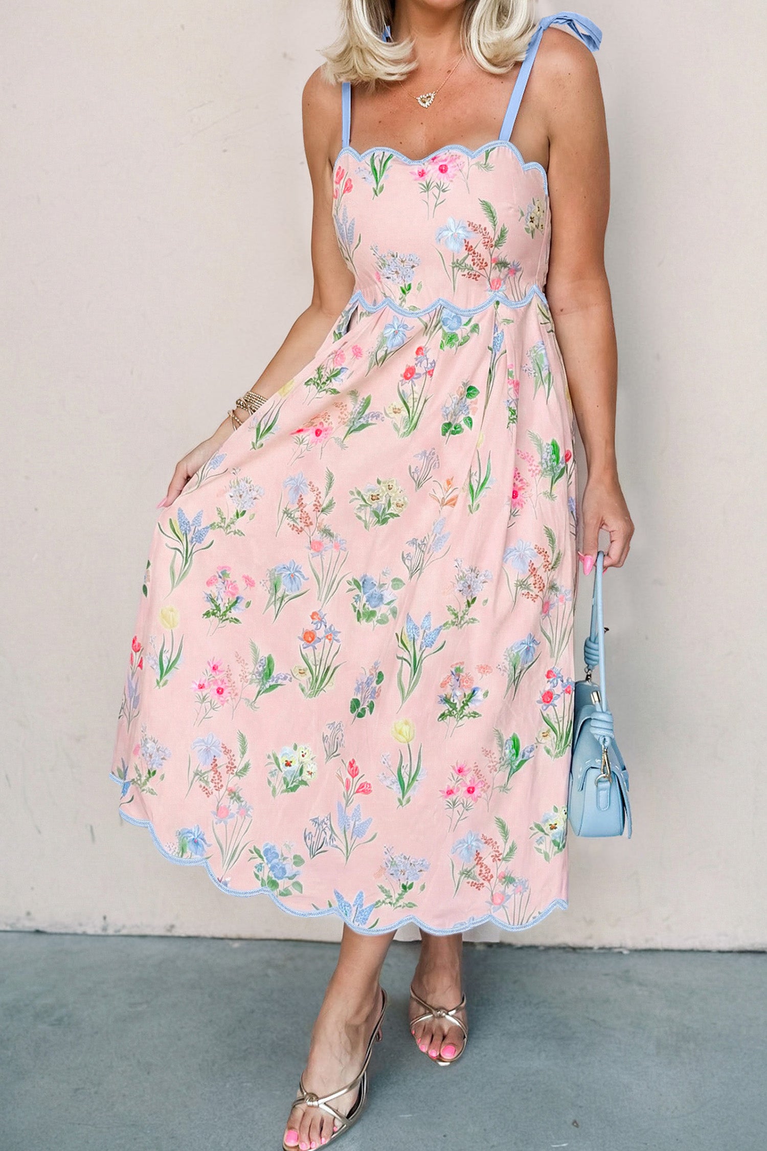 Floral Print Contrast Trim Self-Tie Straps Midi Dress