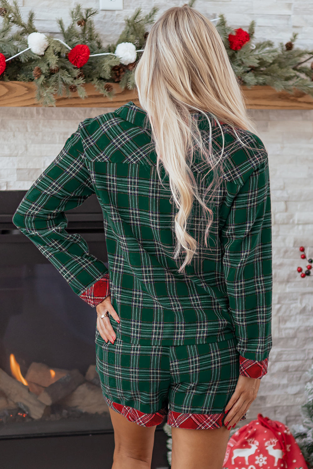 Plaid Contrast Christmas Holiday Long Sleeve Shirt and Shorts Pyjamas - eAura