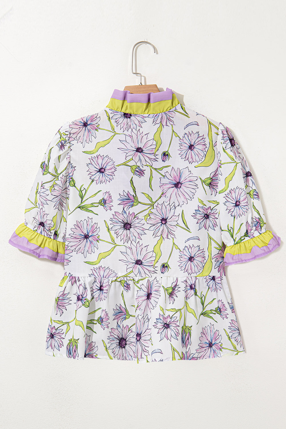 Purple Floral Print Striped Detail Split Neck Flounce Short Sleeve Peplum Blouse Dear-Lover Dropshipping