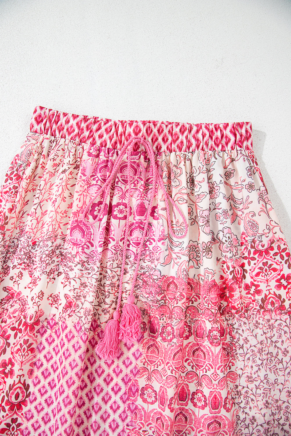 Red Boho Pattern Print Tassel Drawstring High Waist Maxi Skirt - eAura