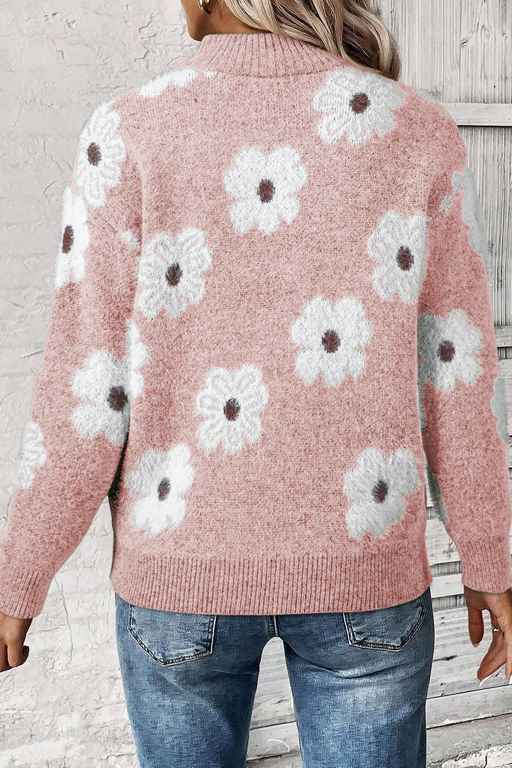 Green Floral Pattern Half Zip Drop Shoulder Sweater eAura