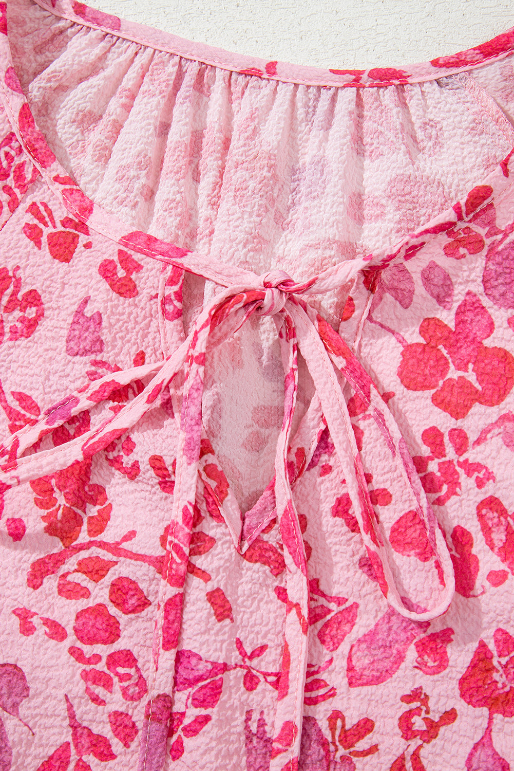 Pink Floral Puff Sleeve Split Neck Lightweight Blouse - eAura