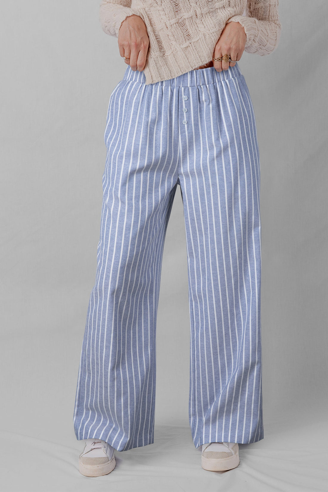 Stripe Buttoned Detail Loose Casual Pants - eAura