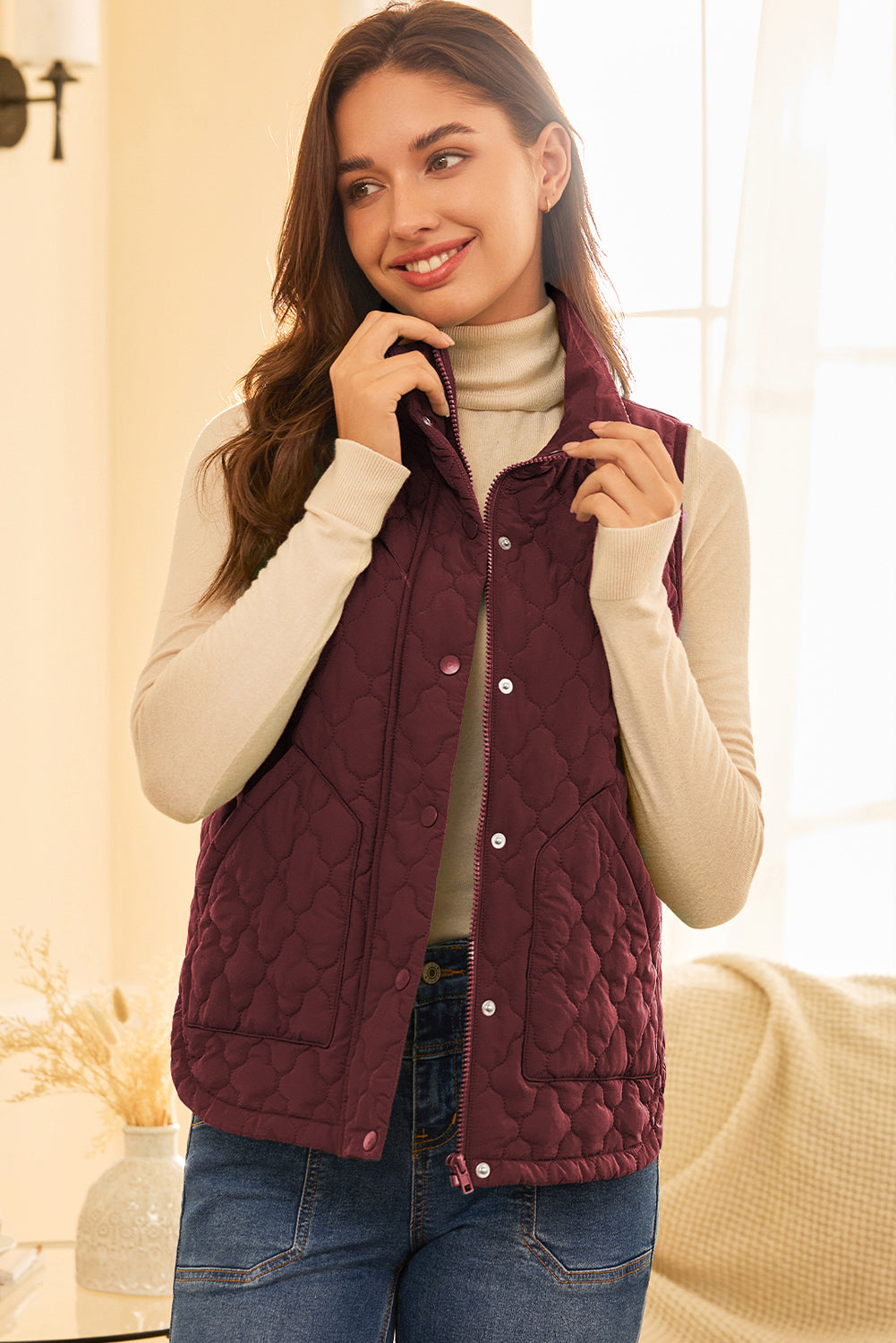 Flower Shape Quilted Snap Button Zip Up Winter Vest Vest - eAura