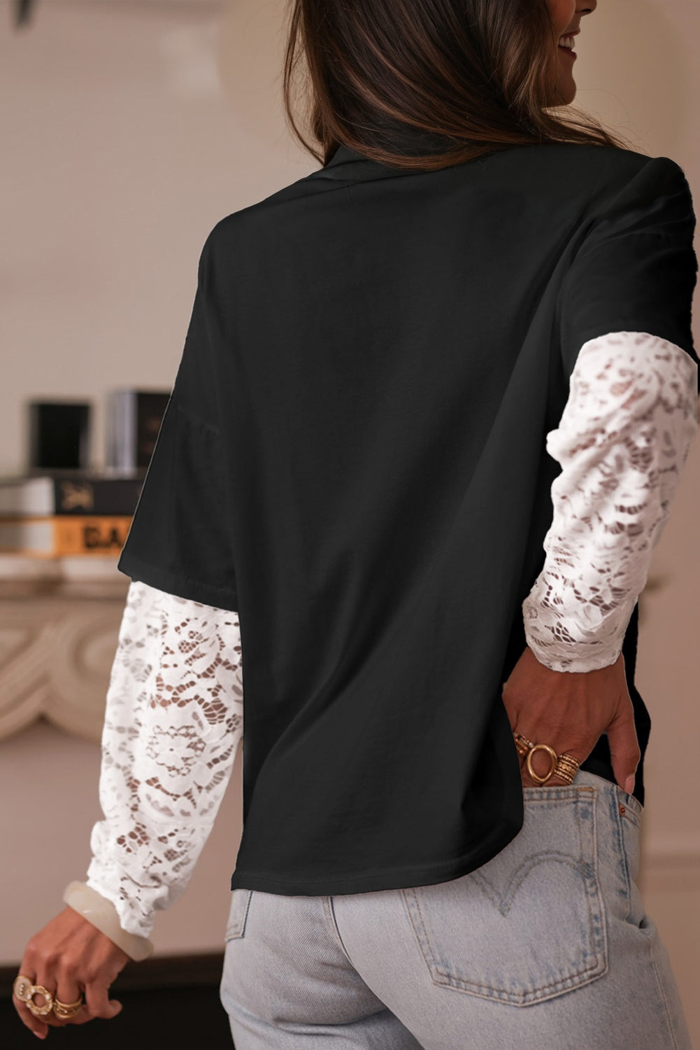 Lace Long Sleeve Insert Drop Shoulder Tee - eAura