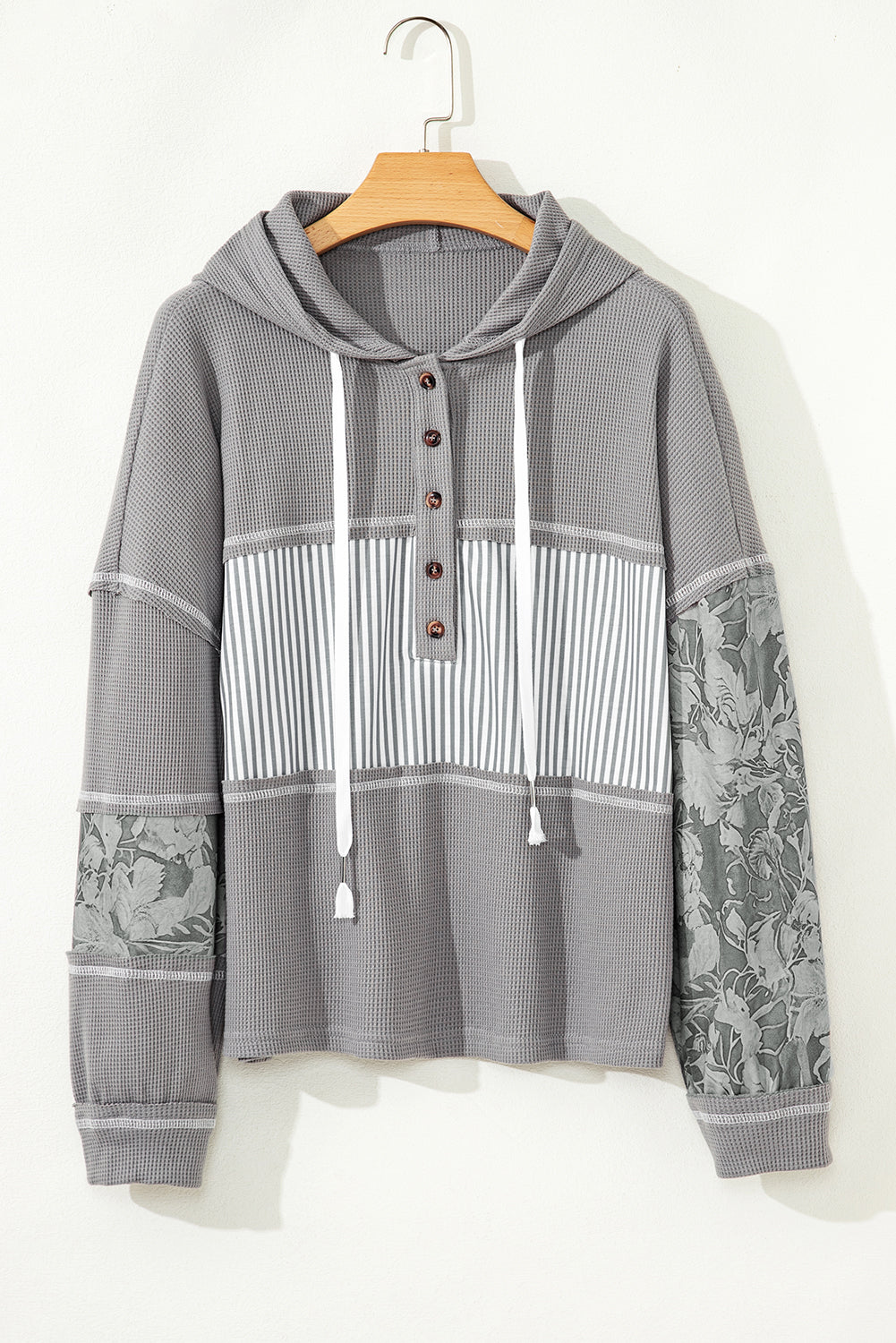Waffle Patchwork Drawstring Hooded Long Sleeve Top - eAura