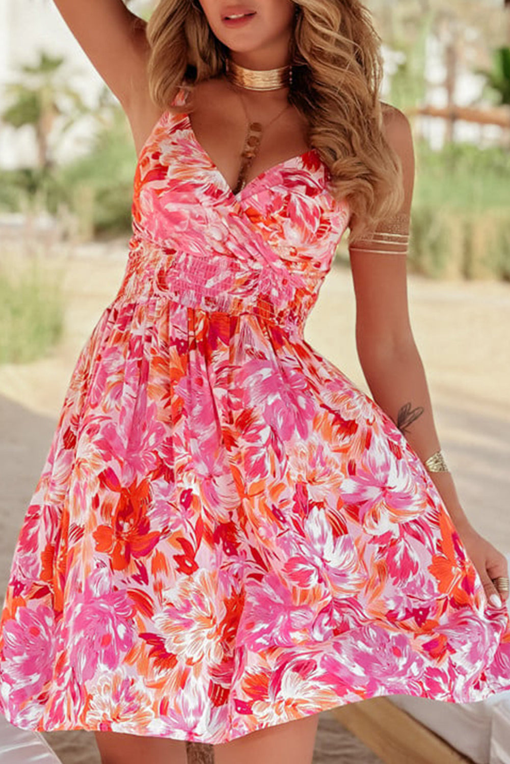 Red Floral Spaghetti Strap Surplice Neck Shirred Waist Mini Dress eAura