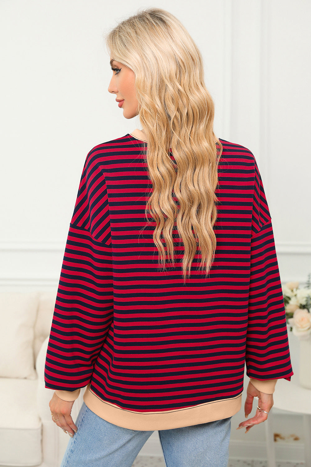 Striped Contrast Ribbed Trim Crossed Stitch Drop Shoulder Sweatshirt - eAura