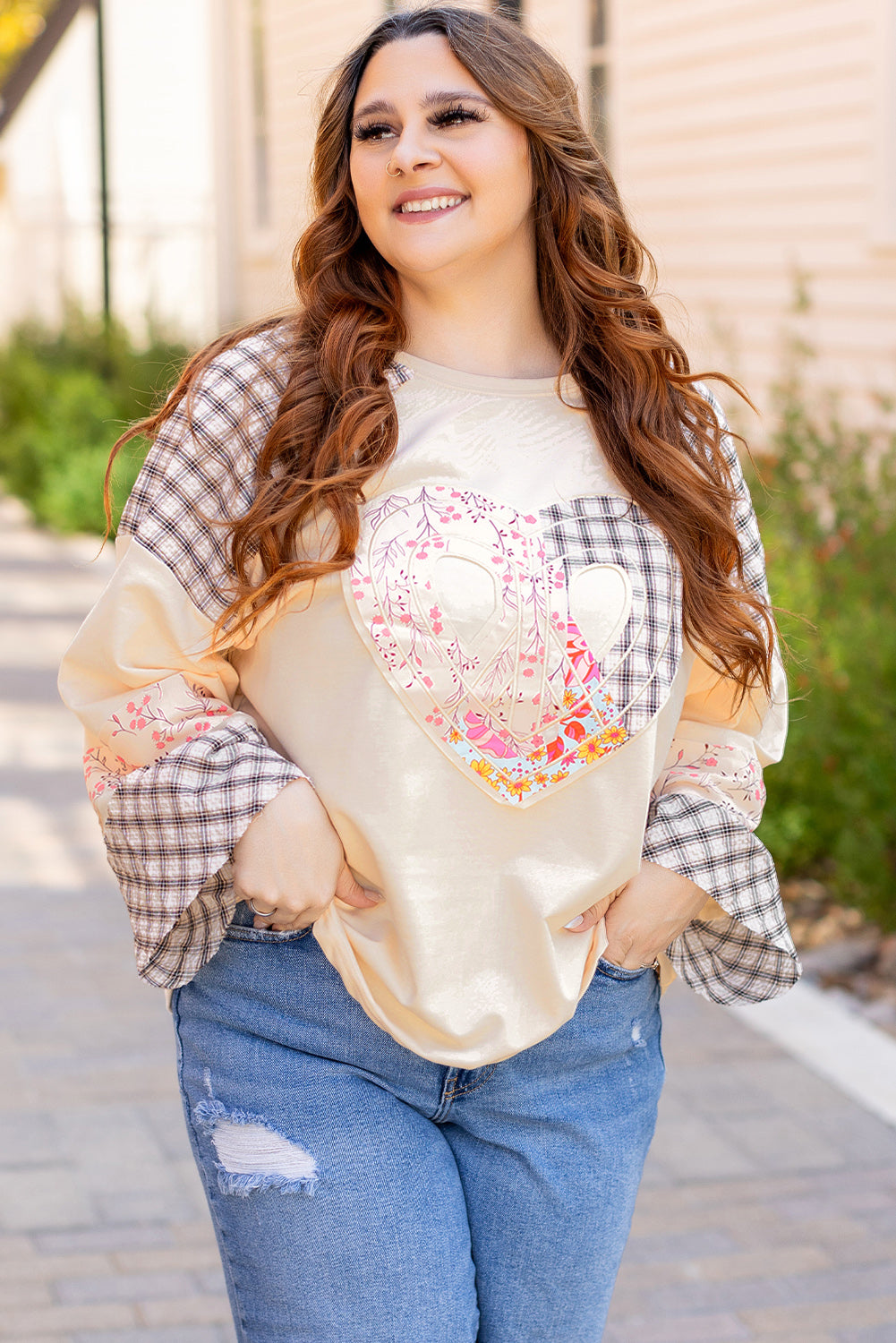 Clearly Aqua Plaid Floral Peace Heart Graphic Wide Long Sleeve Top Beagle Boutique Fashion Outlet