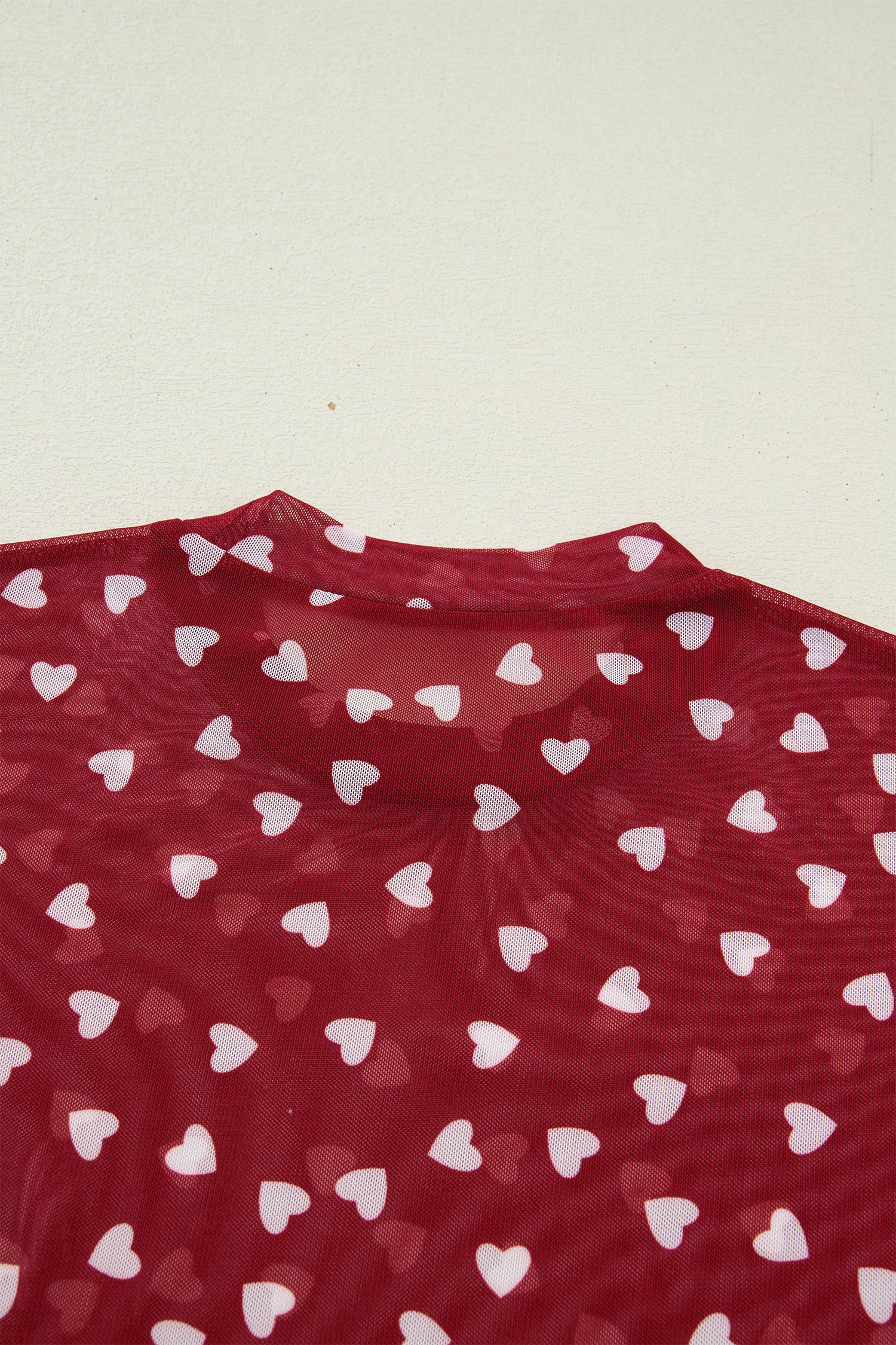 Allover Heart Print Mesh Short Sleeve Top