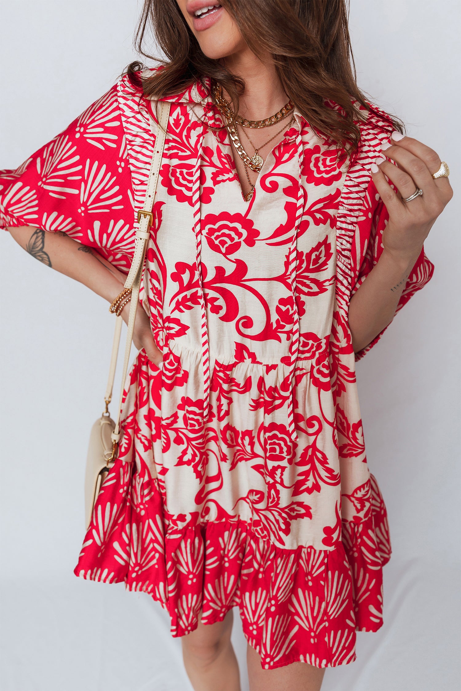 Collared V-Neck Half Sleeve Loose Floral Mini Dress