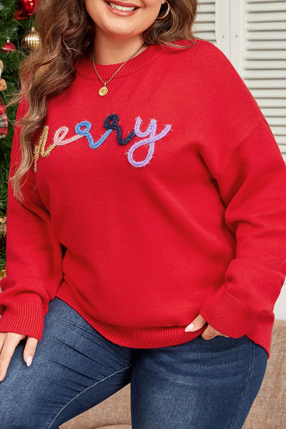 Tinsel merry Pattern Drop Shoulder Plus Size Sweater
