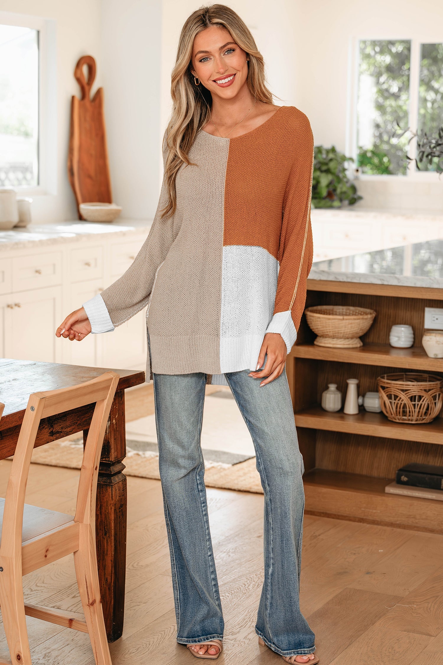 Colour Block Knit V-Neck Sweater - Sweaters & Cardigans/Sweaters