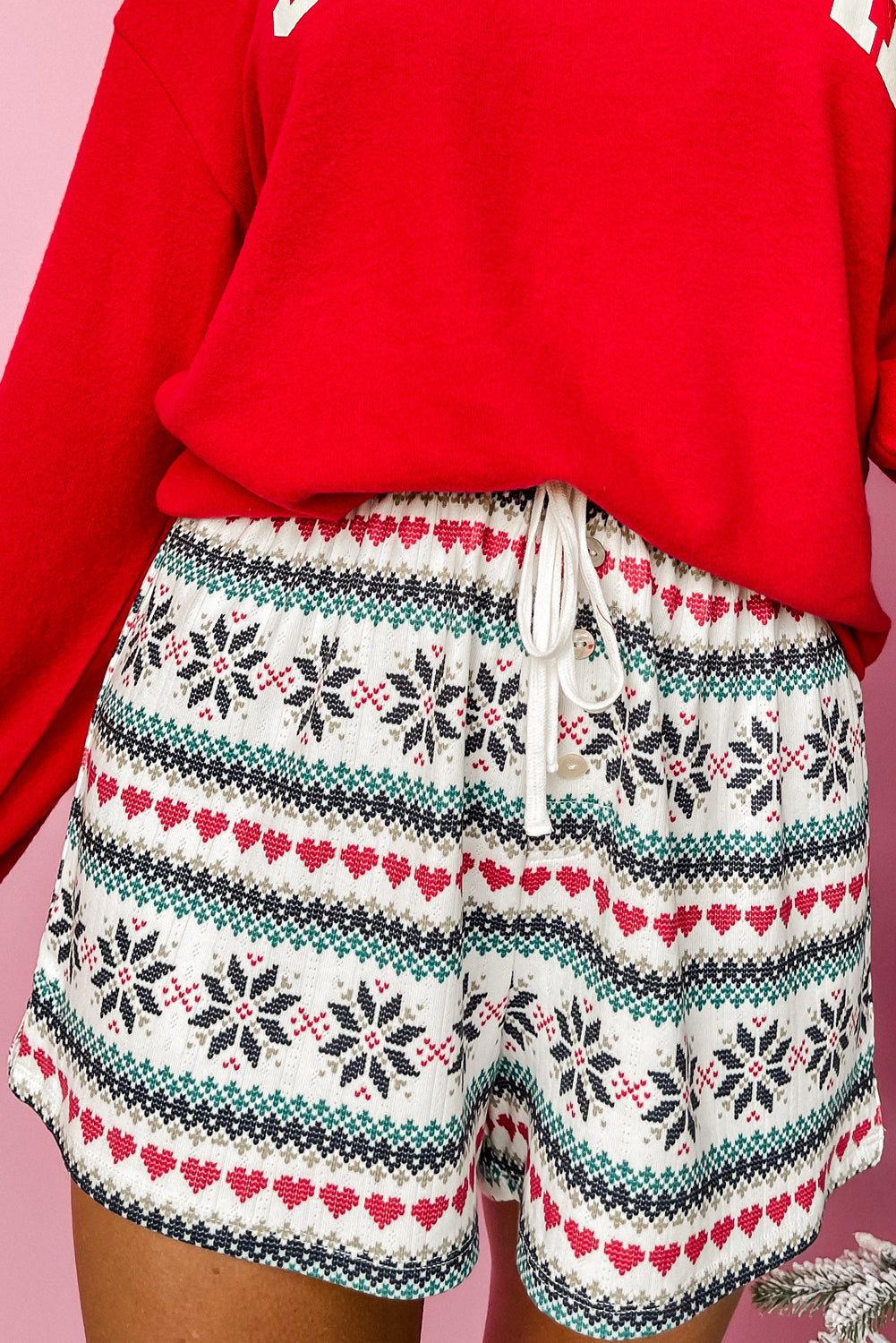 Red SLEIGH Snowflake Print Long Sleeve and Shorts Pyjama Set - eAura
