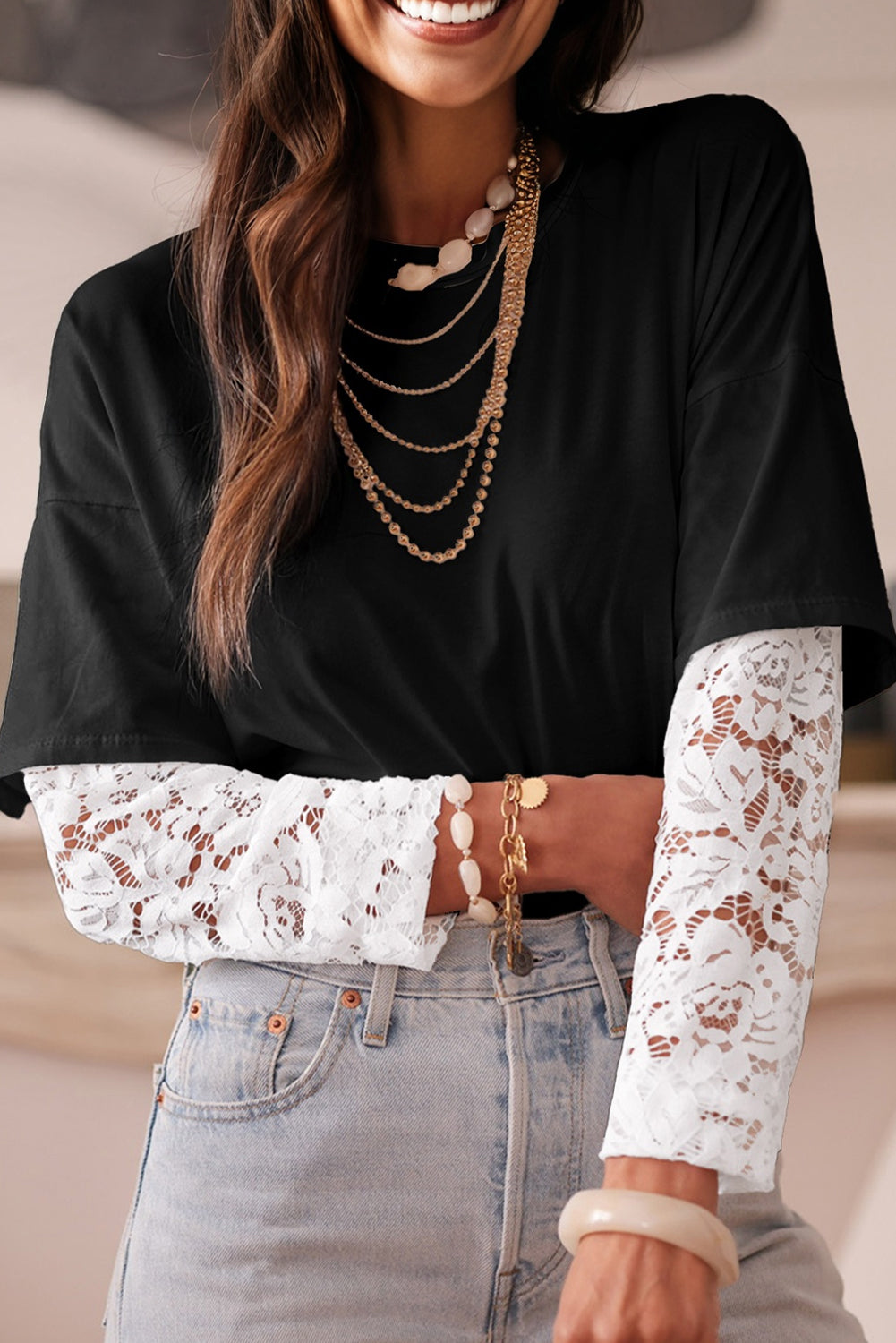 Lace Long Sleeve Insert Drop Shoulder Tee - eAura