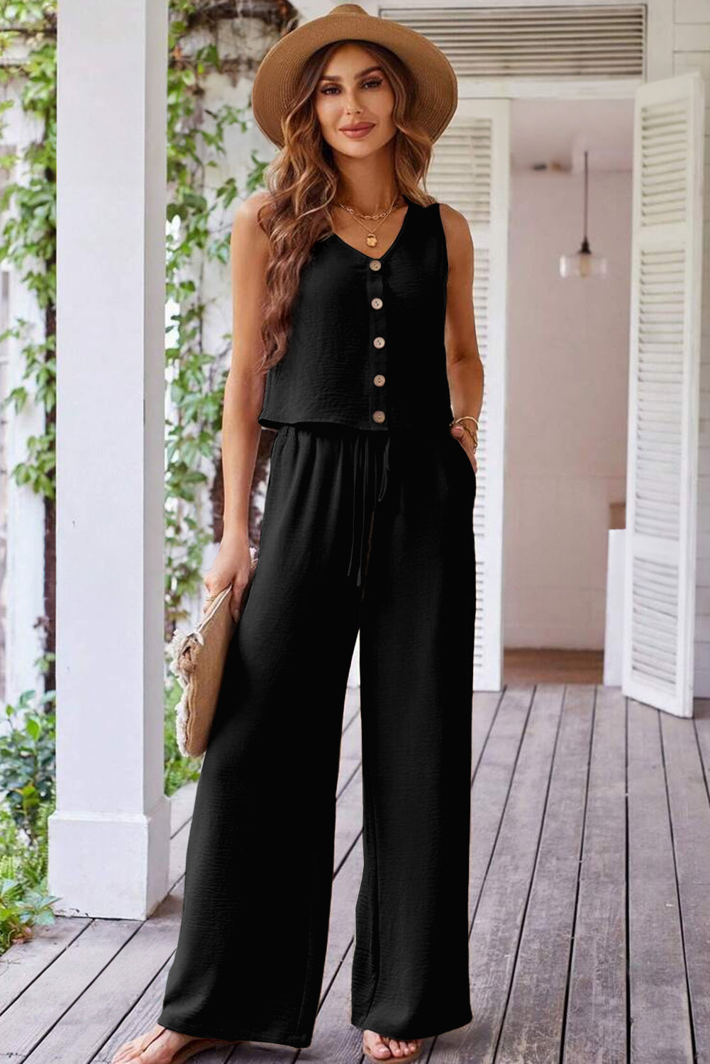 Black Buttoned Vest Drawstring Wide Leg Trousers Co-ord Set eAura