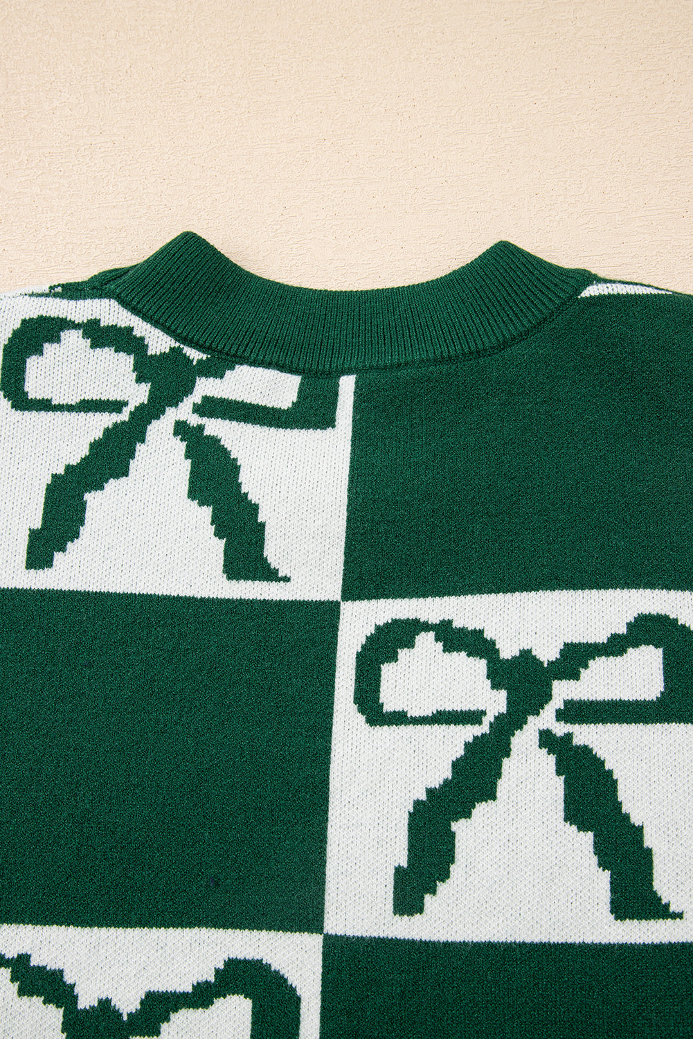 Green Checkered Bow Print Casual Sweater - eAura