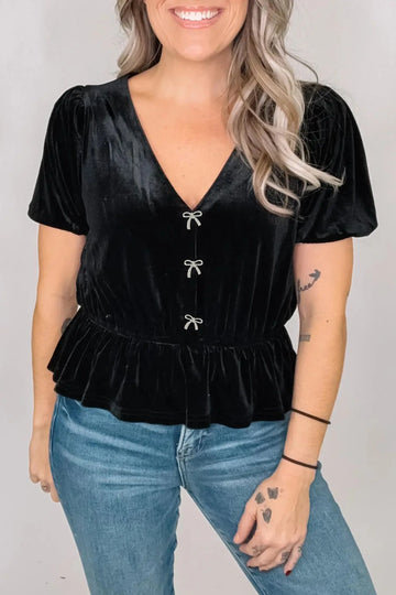 V Neck Bow Decoration Peplum Hem Shift Silhouette Short Sleeve Blouse – Black