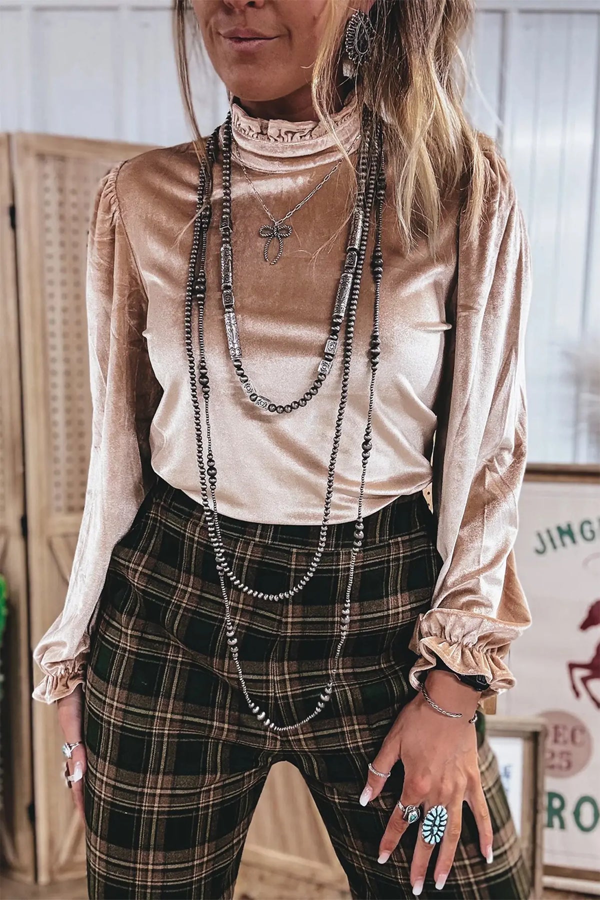 Velvet Top Western Style Long Sleeve Stand Neck