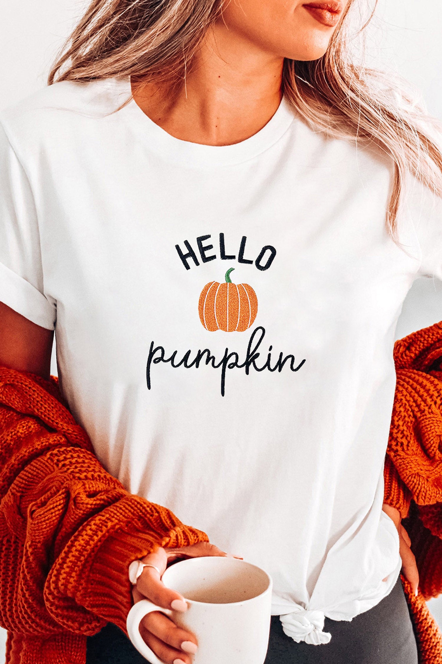 Embroidered Pumpkin Slogan Short Sleeve T-Shirt – White