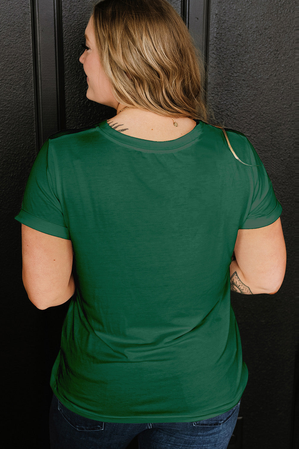Dark Green Round Neck Rolled Sleeve Plus Size T-shirt BB Fashion Outlet