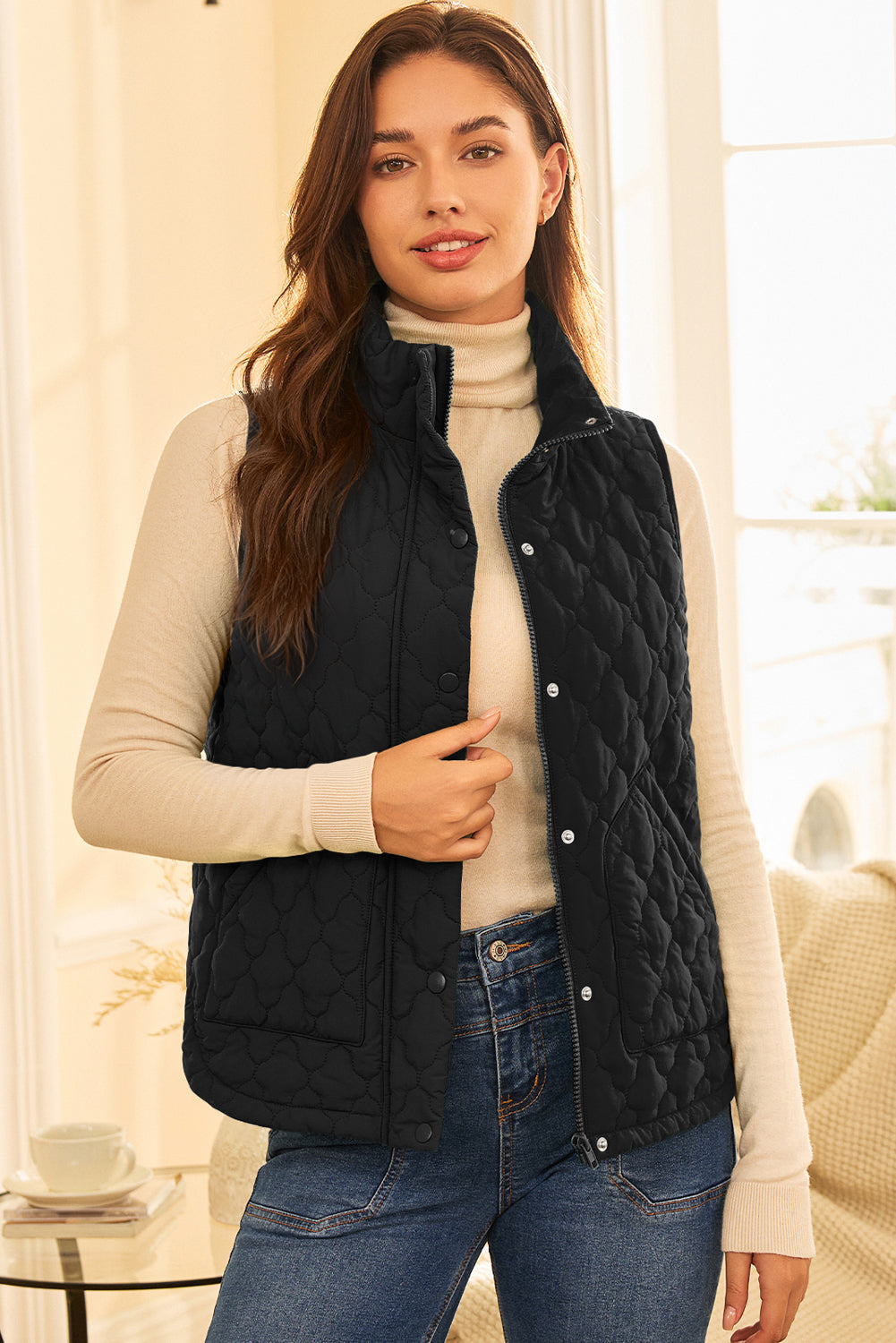 Flower Shape Quilted Snap Button Zip Up Winter Vest Vest - eAura