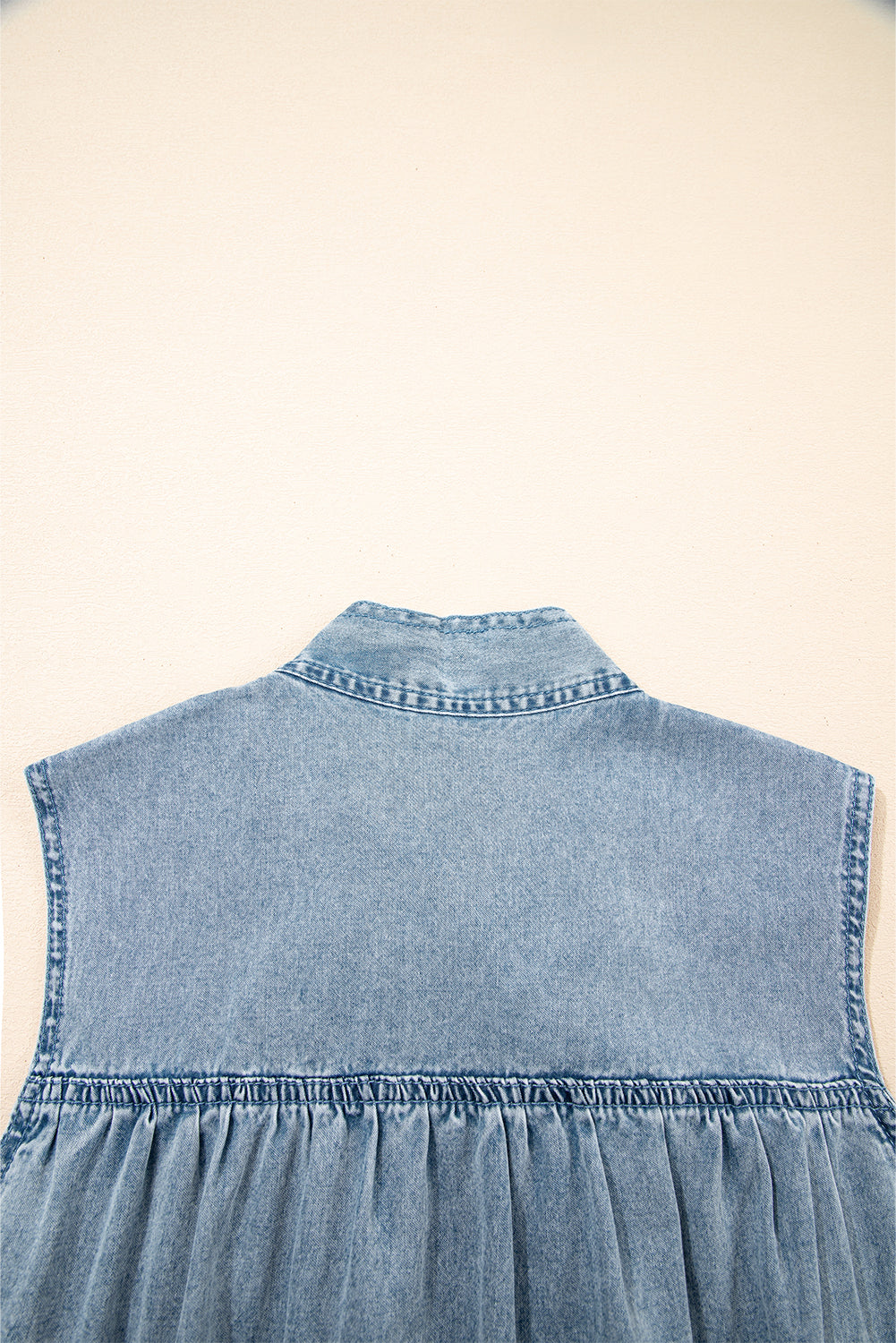 Bowknot Neck Sleeveless Ruffled Chambray Dress eAura