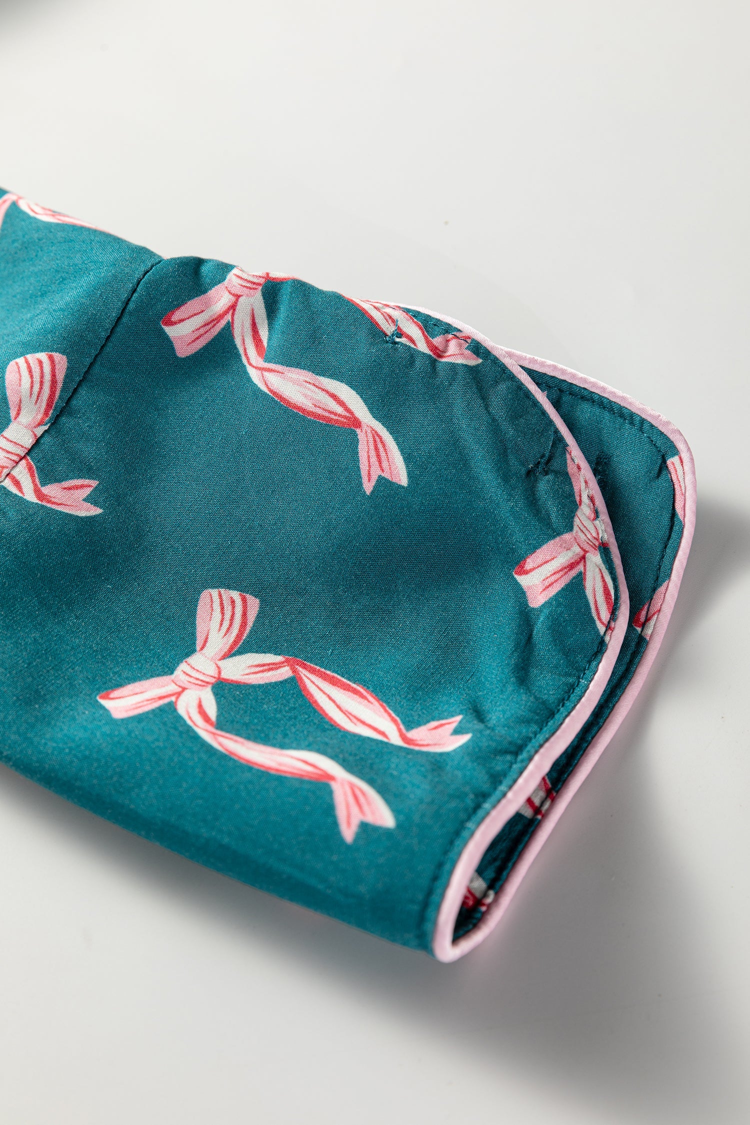 Green Ribbon Bow Print Long Sleeve Shirt and Shorts Pyjama Set - Loungewear & Sleepwear/Sleepwear