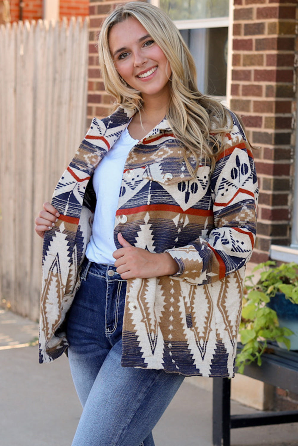 Multicolour Aztec Print Button-Up Oversized Jacket eAura
