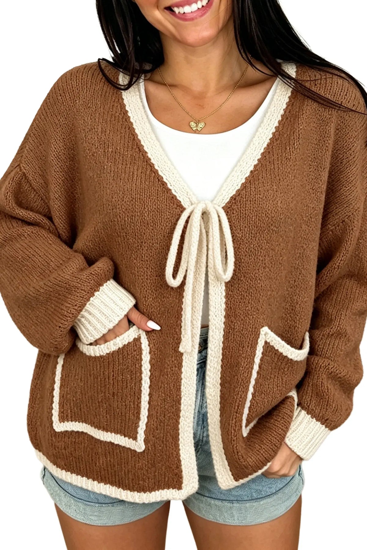 Cardigan Contrast Trim V-Neck Tie Front Loose Sweater