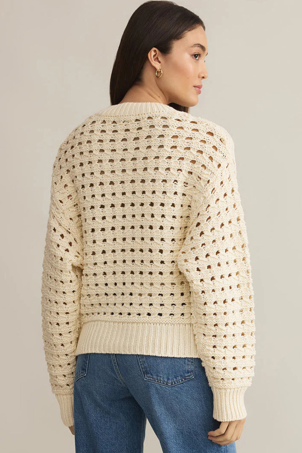 Beige Hollowed Knit Zip-Up Drop Shoulder Cardigan - eAura
