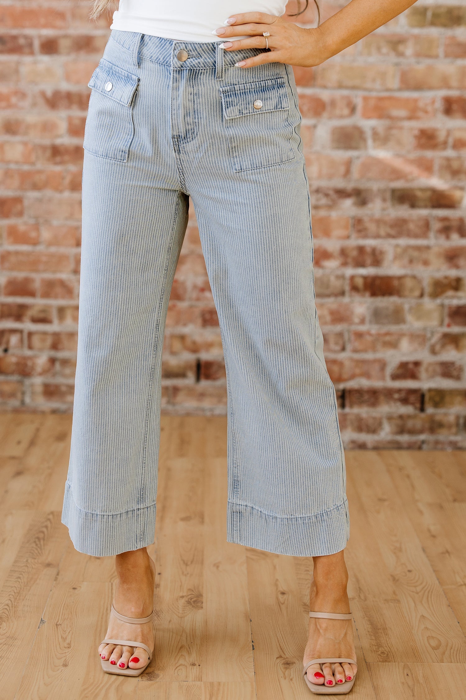 Stripe Button Flap Pocket Cuffed Hem Wide Leg Jeans - Bottoms/Jeans/WideLeg