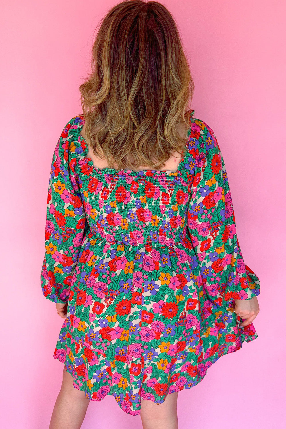 White Plus Size Floral Frilled Square Neck Shirred Long Sleeve Dress BB Fashion Outlet