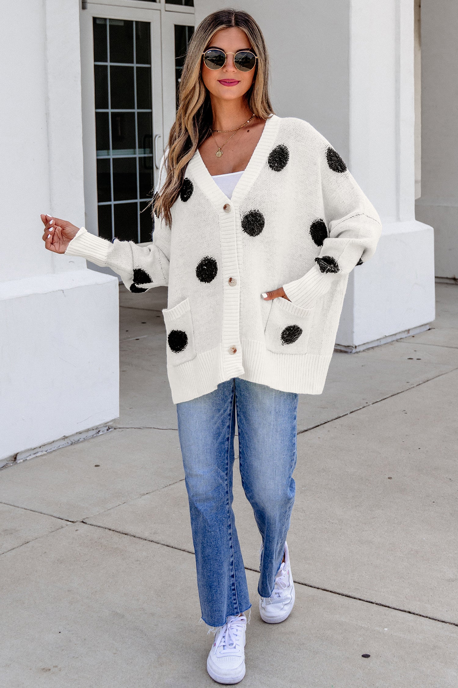 Polka Dot Button Front Oversized V Neck Cardigan – Beige