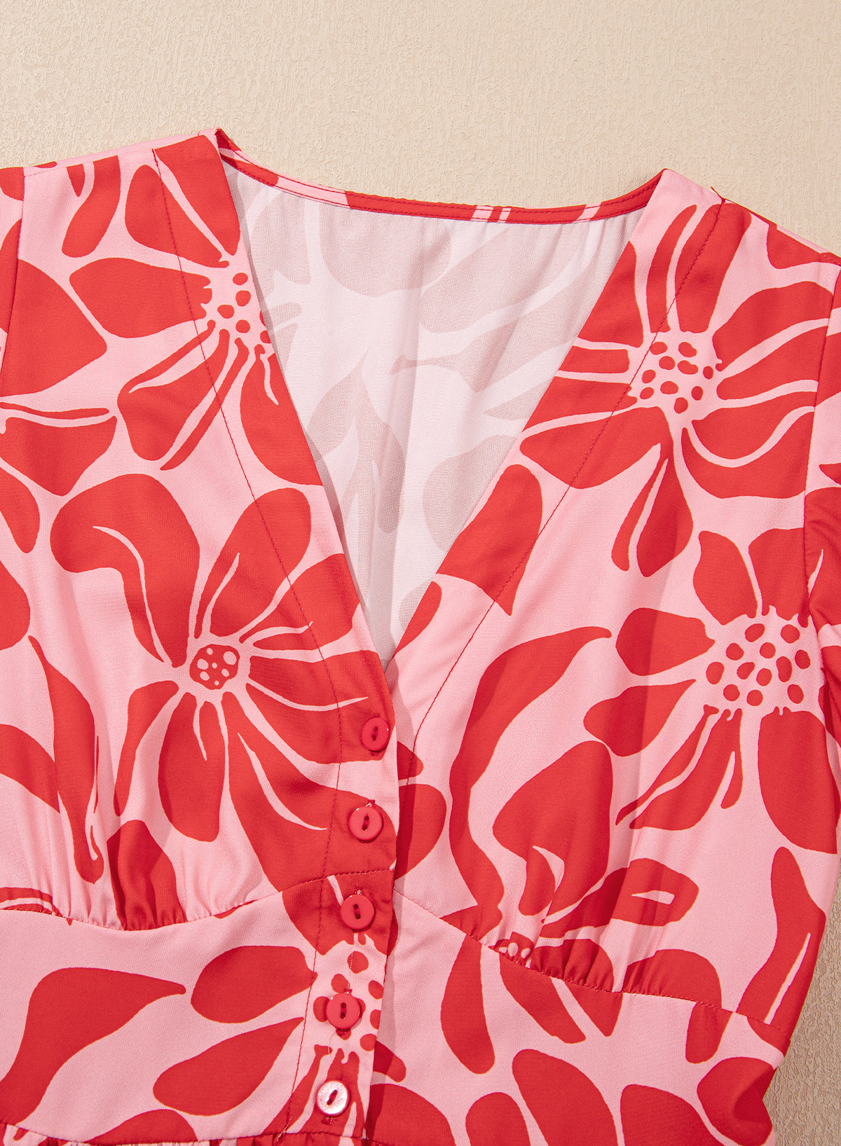 Floral Short Sleeve V-Neck Buttoned Shirred Waist Long Dress - eAura