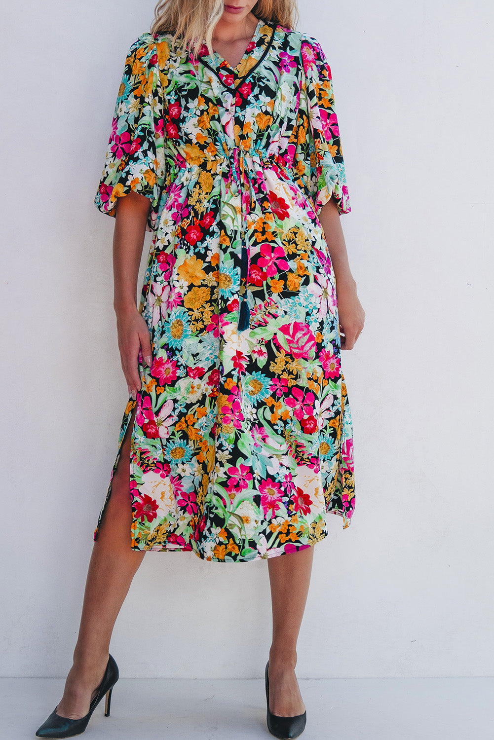 Green Floral Puff Sleeve V Neck Tassel Drawstring Dress eAura