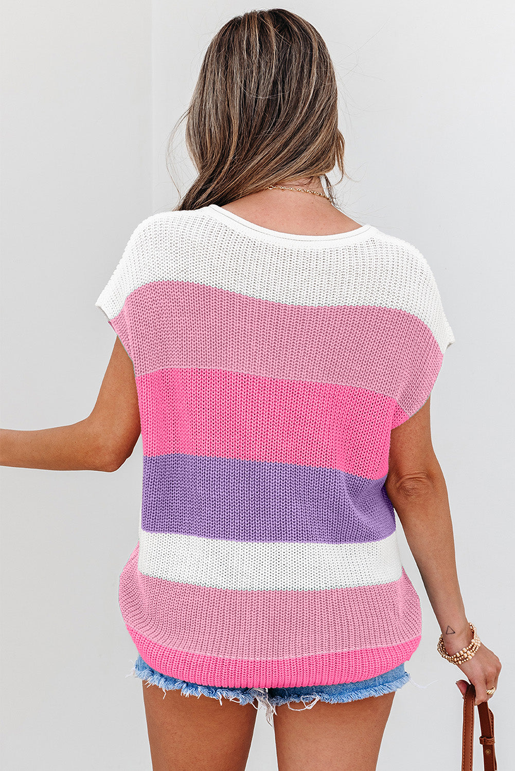 Pink Color Block Notch V Neck Sweater T Shirt eAura